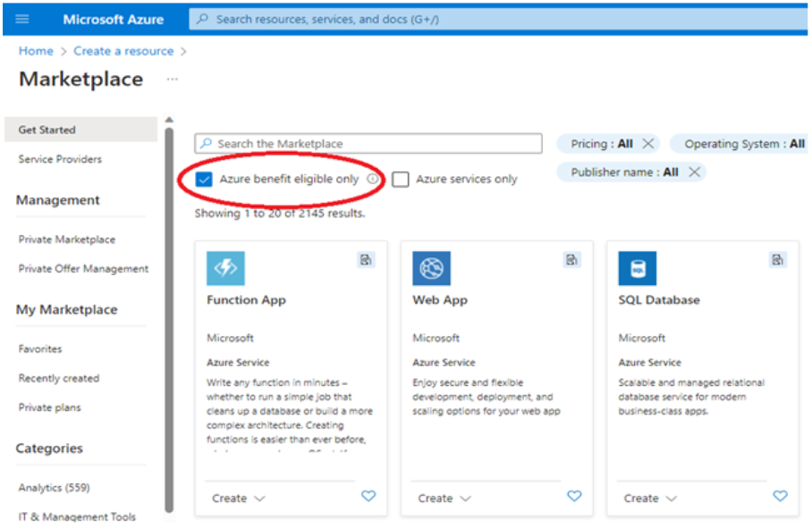 Yalnızca Azure avantajına uygun onay kutusunu vurgulayan ekran görüntüsü.