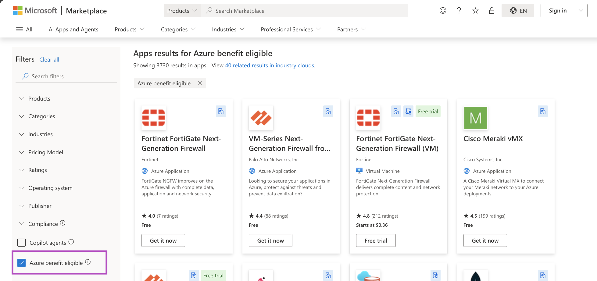 Microsoft Market'te Yalnızca Azure avantajına uygun onay kutusunu vurgulayan ekran görüntüsü.
