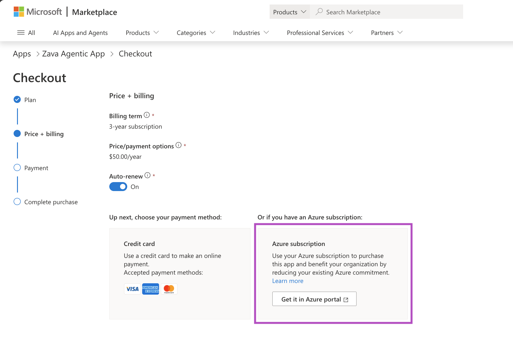 Microsoft Market'te yalnızca Azure avantajına uygun etiketi vurgulayan ekran görüntüsü.