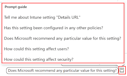 Microsoft Intune ve Intune yönetim merkezindeki Ayarlar Kataloğu'nda Copilot ayarları istemi kılavuzunu ve kullanılabilir istemlerin listesini gösteren ekran görüntüsü.