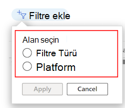 Microsoft Intune'da mevcut filtre listesini platforma ve profil türüne göre filtrelemeyi gösteren ekran görüntüsü.