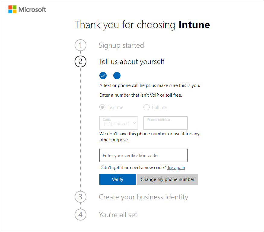 Microsoft Intune hesap oluşturma sayfası - Kodu doğrulama ekran görüntüsü