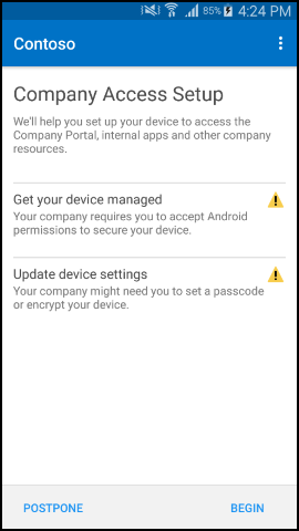 Güncelleştirmeden önce Android için Şirket Portalı uygulamasını gösteren ekran görüntüsü, Şirket Erişimi Kurulumu ekranı.