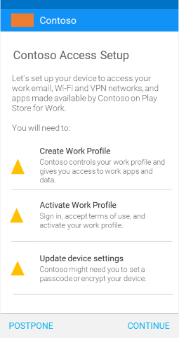 Güncelleştirmeden sonra Android iş profili cihazları için Şirket Portalı uygulamasını gösteren ekran görüntüsü, Erişim Kurulumu ekranı.