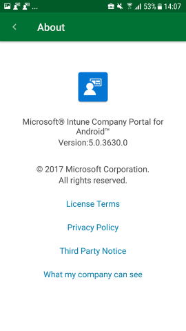 Android için Şirket Portalı uygulamasını gösteren ekran görüntüsü, Hakkında ekranı, güncelleştirildi.