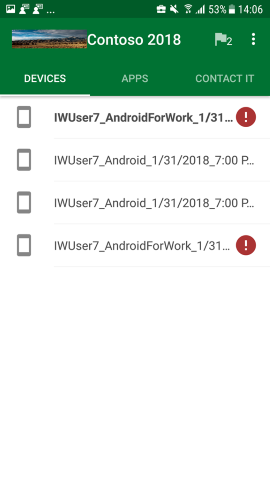 Android, CİhAZLAR ekranı, güncelleştirilmiş Şirket Portalı uygulamasını gösteren ekran görüntüsü.