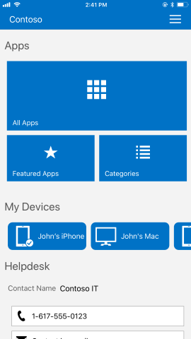 Güncelleştirmeden önce i O S / i Pad O S için Şirket Portalı uygulamasını, Uygulamaları ve Cihazlarım'ı gösteren ekran görüntüsü.