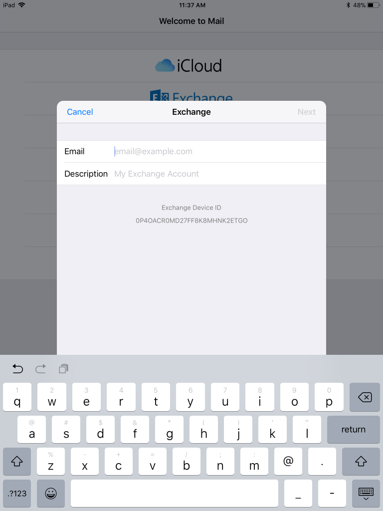 Exchange'i seçtikten sonra, iOS cihaz istemi e-posta adresini ve hesap adını ister.