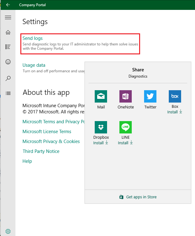 Güncelleştirmeden önce Windows 10 için Şirket Portalı uygulamasındaki Ayarlar sayfasını gösteren ekran görüntüsü.