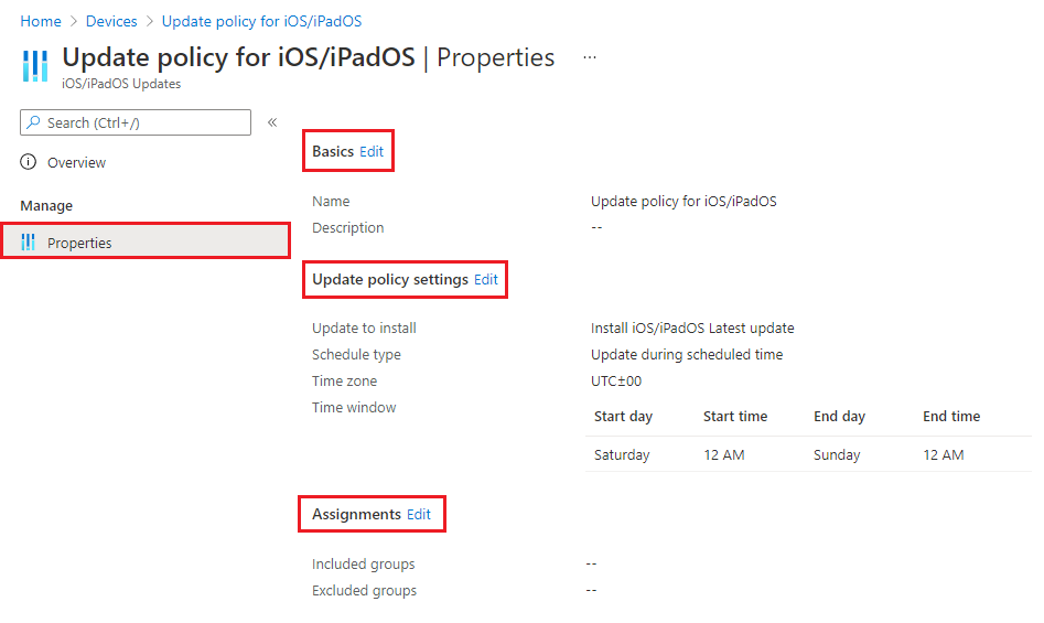 Microsoft Intune'de mevcut bir iOS/iPadOS yazılım güncelleştirme ilkesinin nasıl düzenlendiğini gösteren ekran görüntüsü.