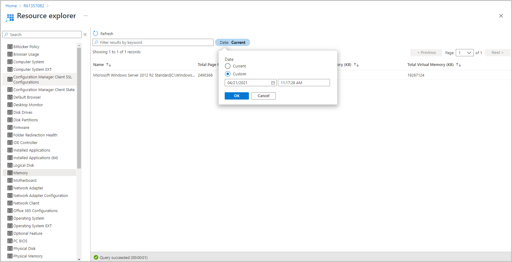 Microsoft Intune yönetim merkezinde Kaynak gezgininden tarih seçme işleminin ekran görüntüsü