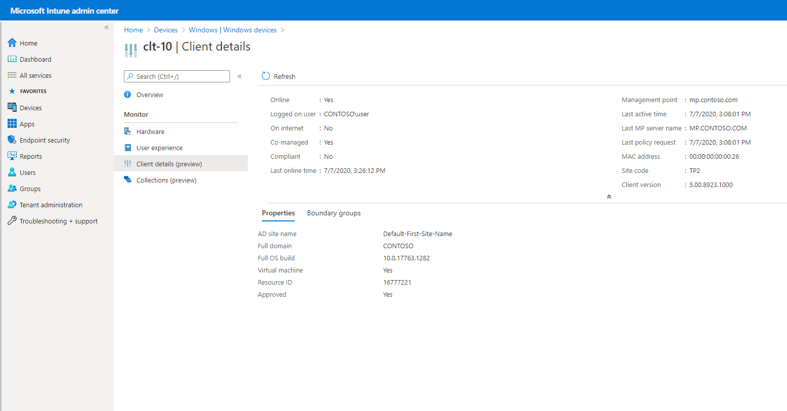 Microsoft Intune yönetim merkezinde istemci ayrıntıları