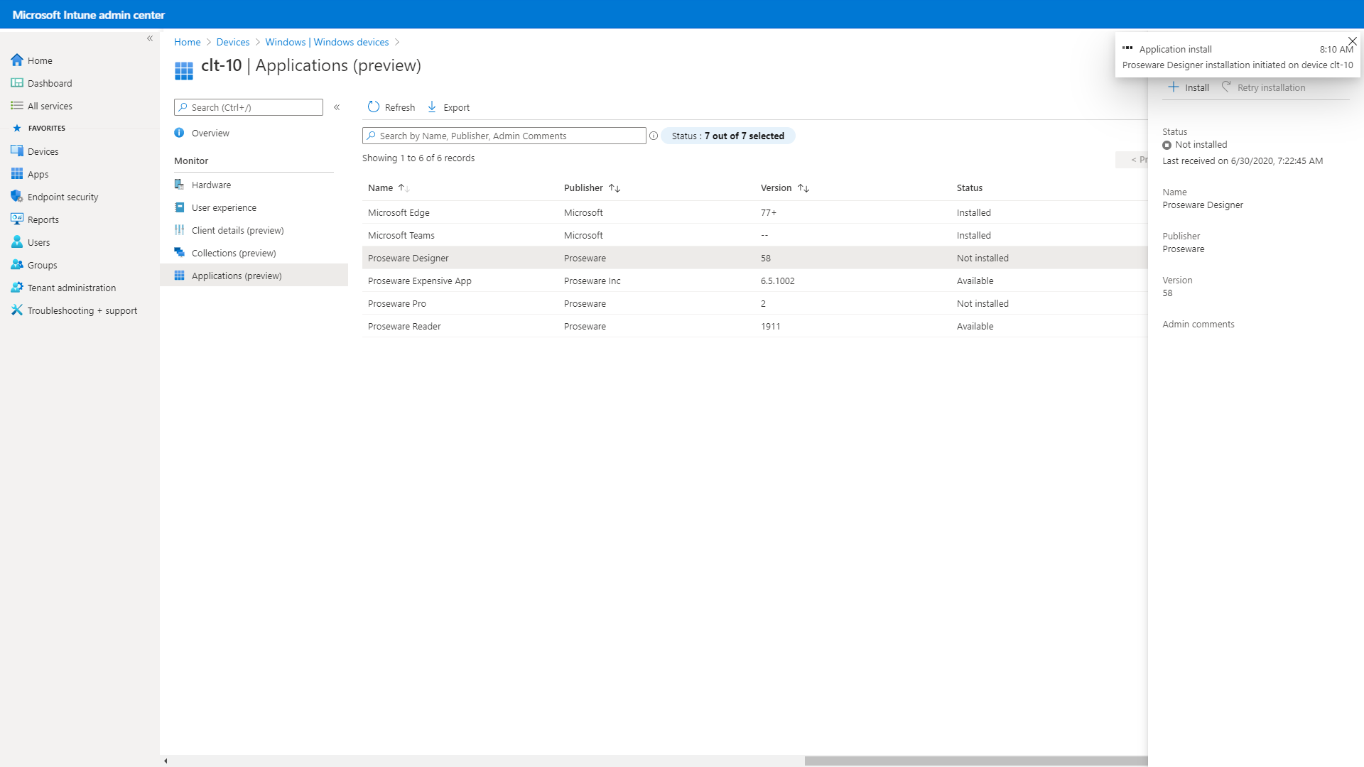 Microsoft Intune yönetim merkezinden uygulama yüklemesinin ekran görüntüsü