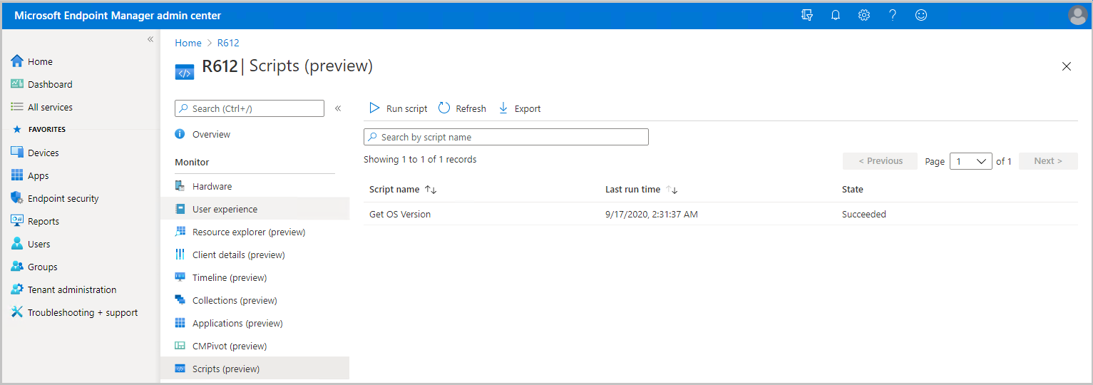 Microsoft Intune yönetim merkezinden betik listesinin ekran görüntüsü