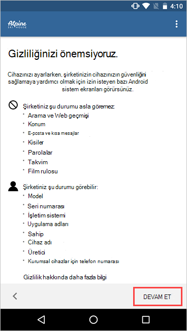 Şirket Portalı'nın ekran görüntüsü, Gizlilik ekranınızı önemsiyoruz ve Devam düğmesini vurguluyoruz.