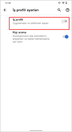 Google Pixel 4 cihaz ayarlarında İş profili iki durumlu düğmenin kapatılmış ekran görüntüsü.