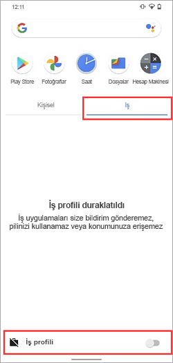 Samsung Galaxy S20 uygulama çekmecesinde İş profili geçişinin kapalı olduğu ekran görüntüsü.