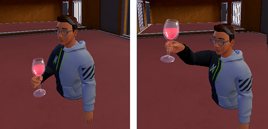 Wineglass'ı varsayılan konumda tutan ve bir tostta yükselten avatarın ekran görüntüleri.