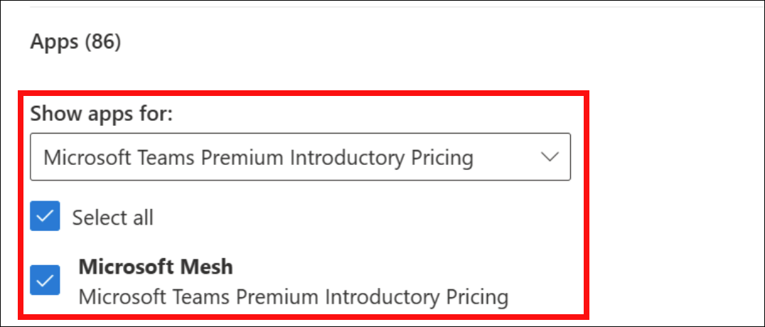 Microsoft Teams Premium'u gösteren uygulamalar açılan listesinin ekran görüntüsü.