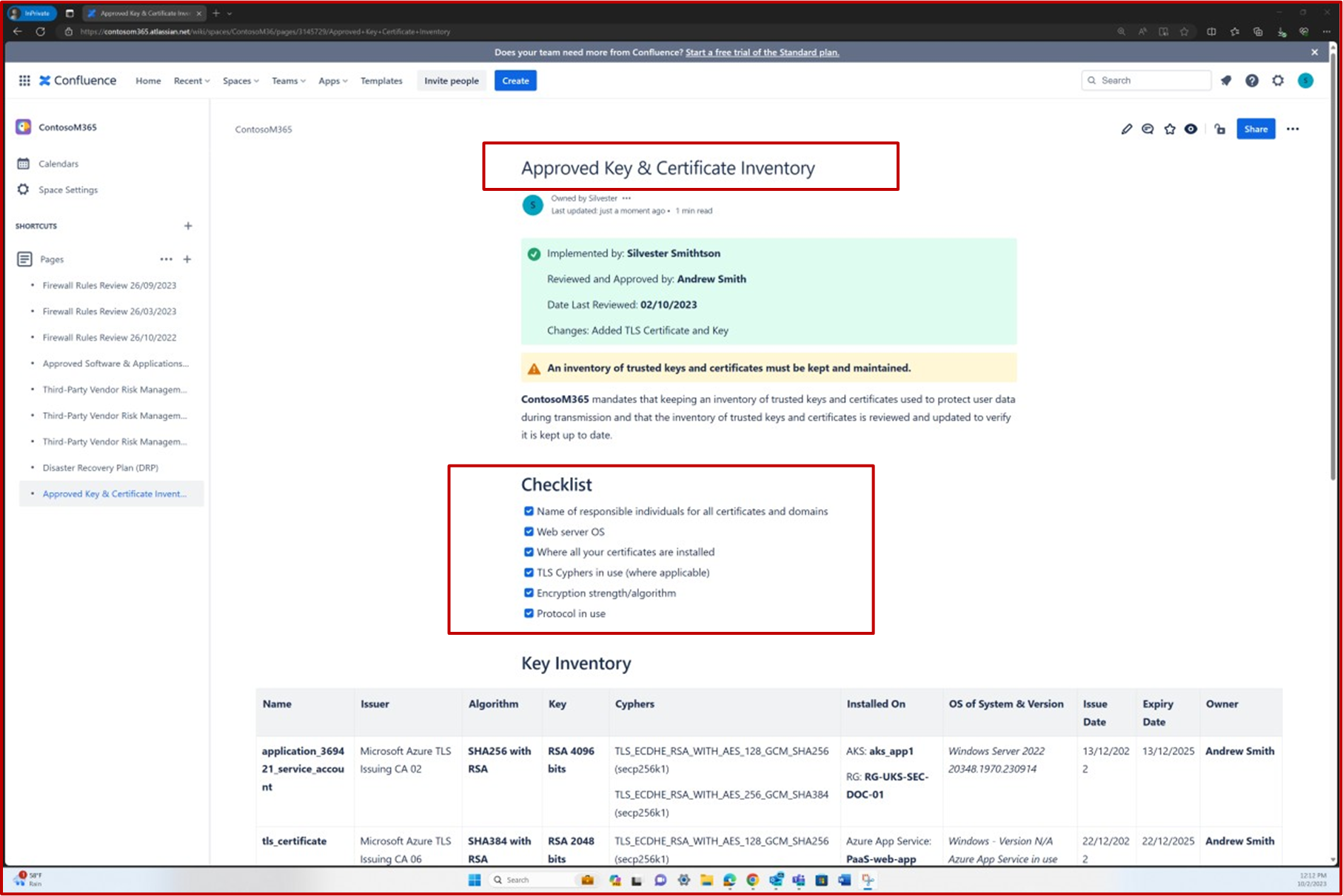 Confluence certificate checklist inventory with approval key.