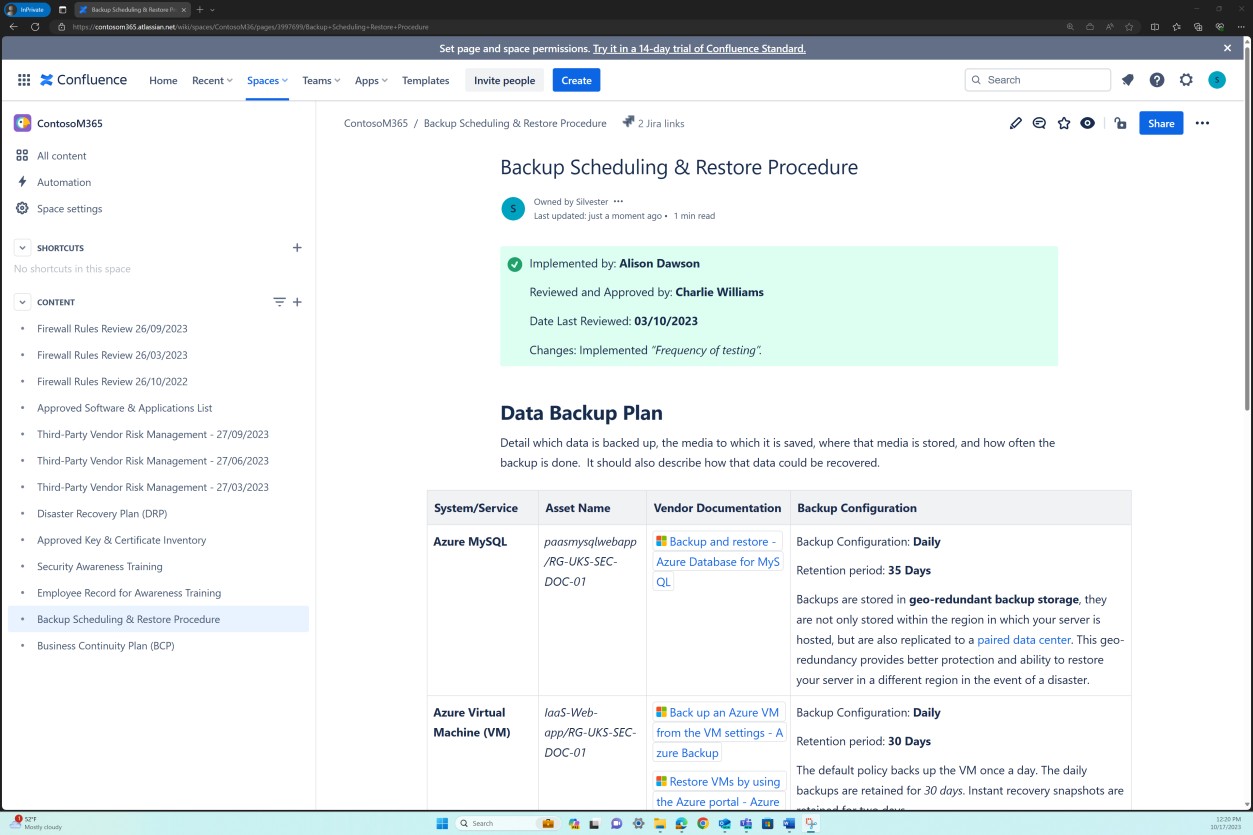 Confluence backup scheduling and restore procedures with data backup plan.