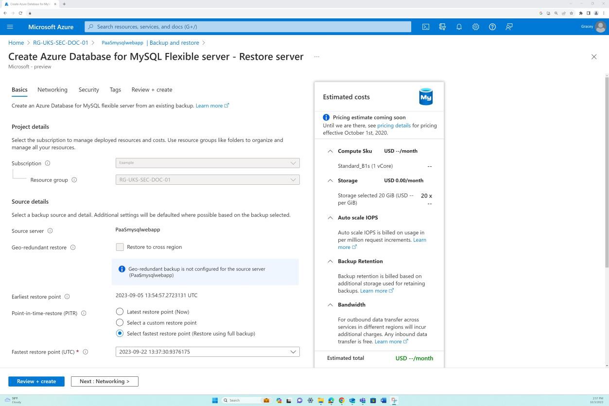 Azure backup and restore settings to create azure database for MySQL flexible server.