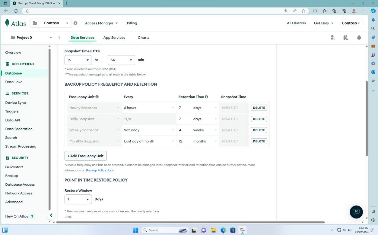 MongoDB Cloud Backup Data Services page with snapshot time, backup policy frequency and retention, point in time restore settings.