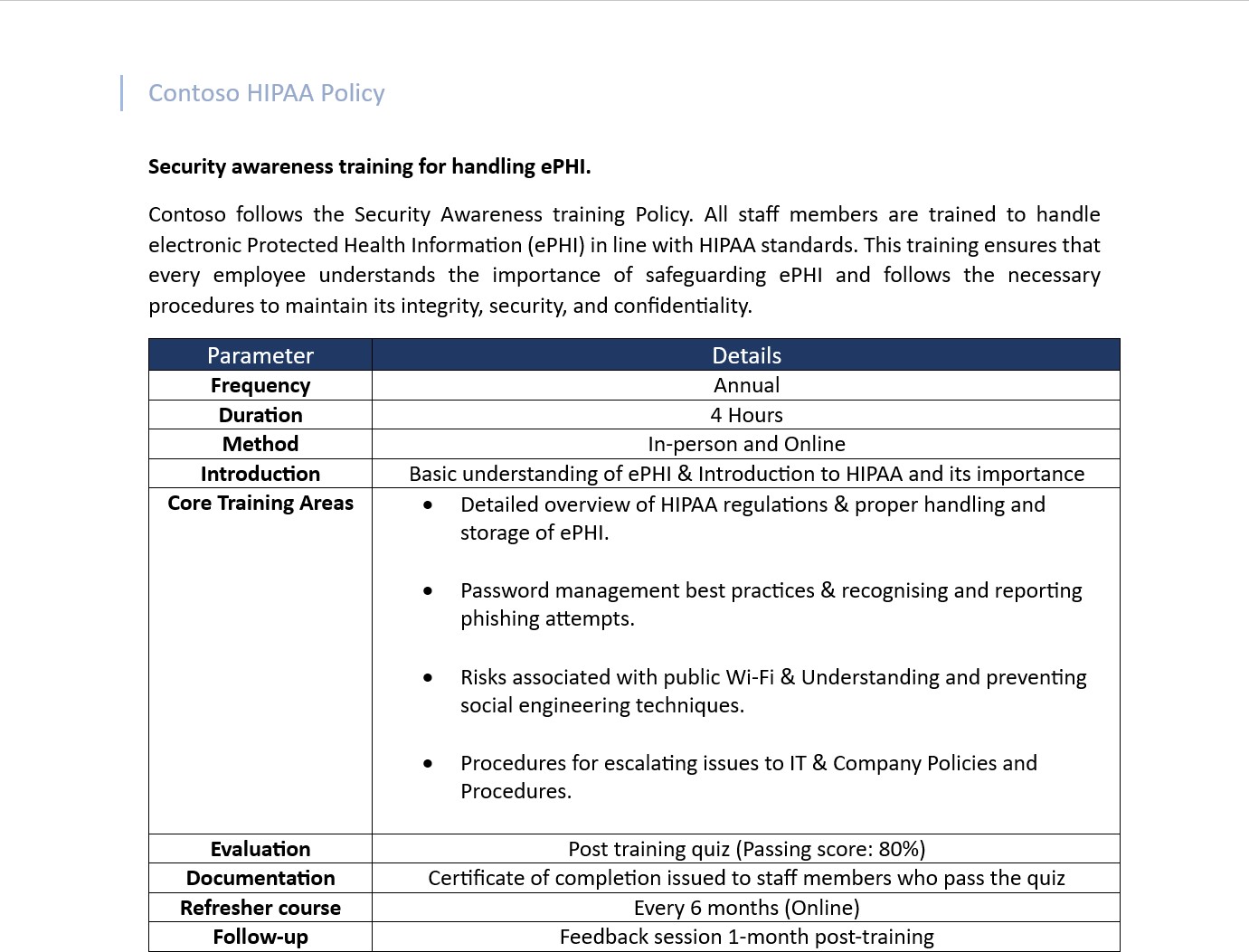 Security awareness training document for handling ePHI.