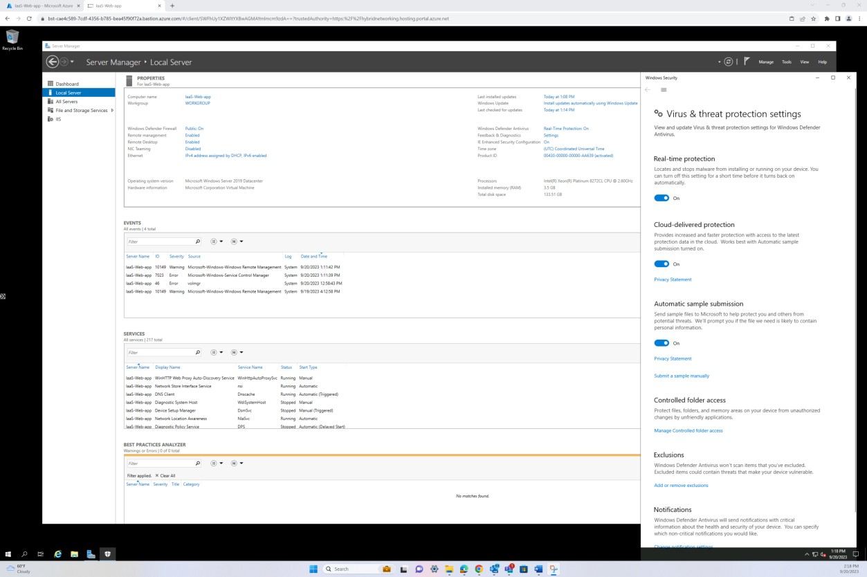 Server Manager for local server with properties, events, and services. Virus and threat protection is turned on.