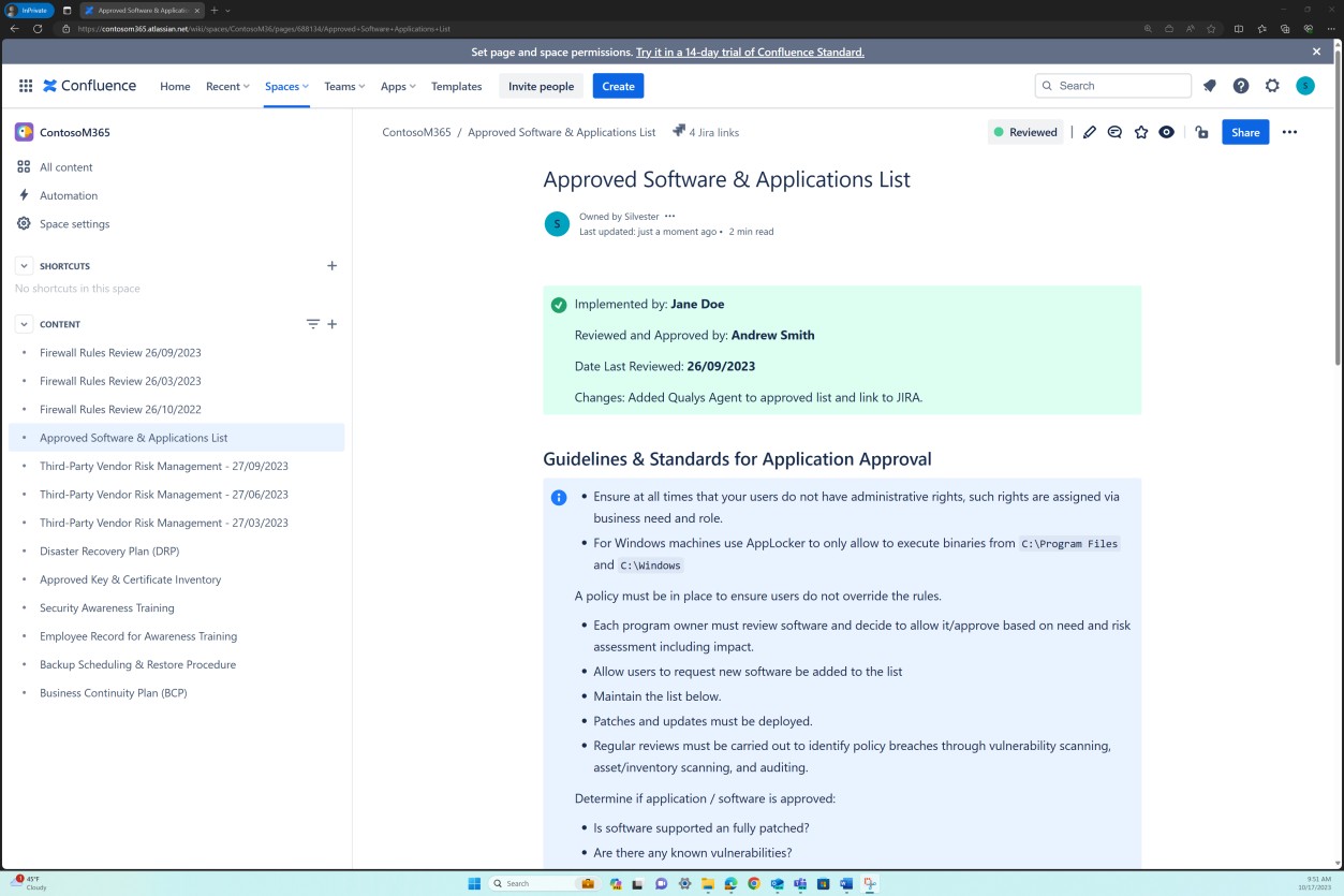 Confluence list of approved software and apps with guidelines and standards for app approvals.