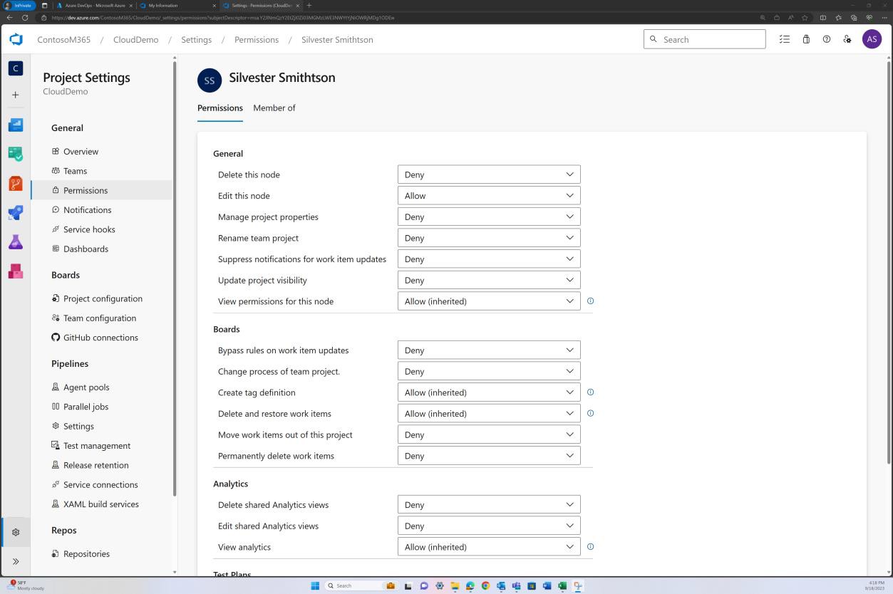 Azure DevOps permissions project settings for Silvester Smithtson.