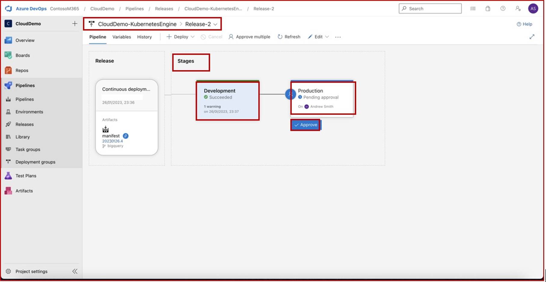Azure DevOps pipelines with stages, development, and production approved.