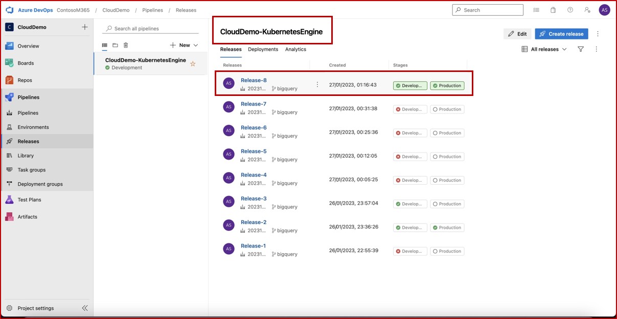 Azure DevOps pipelines releases with CloudDemo-KubernetesEngine and Release B highlighted.