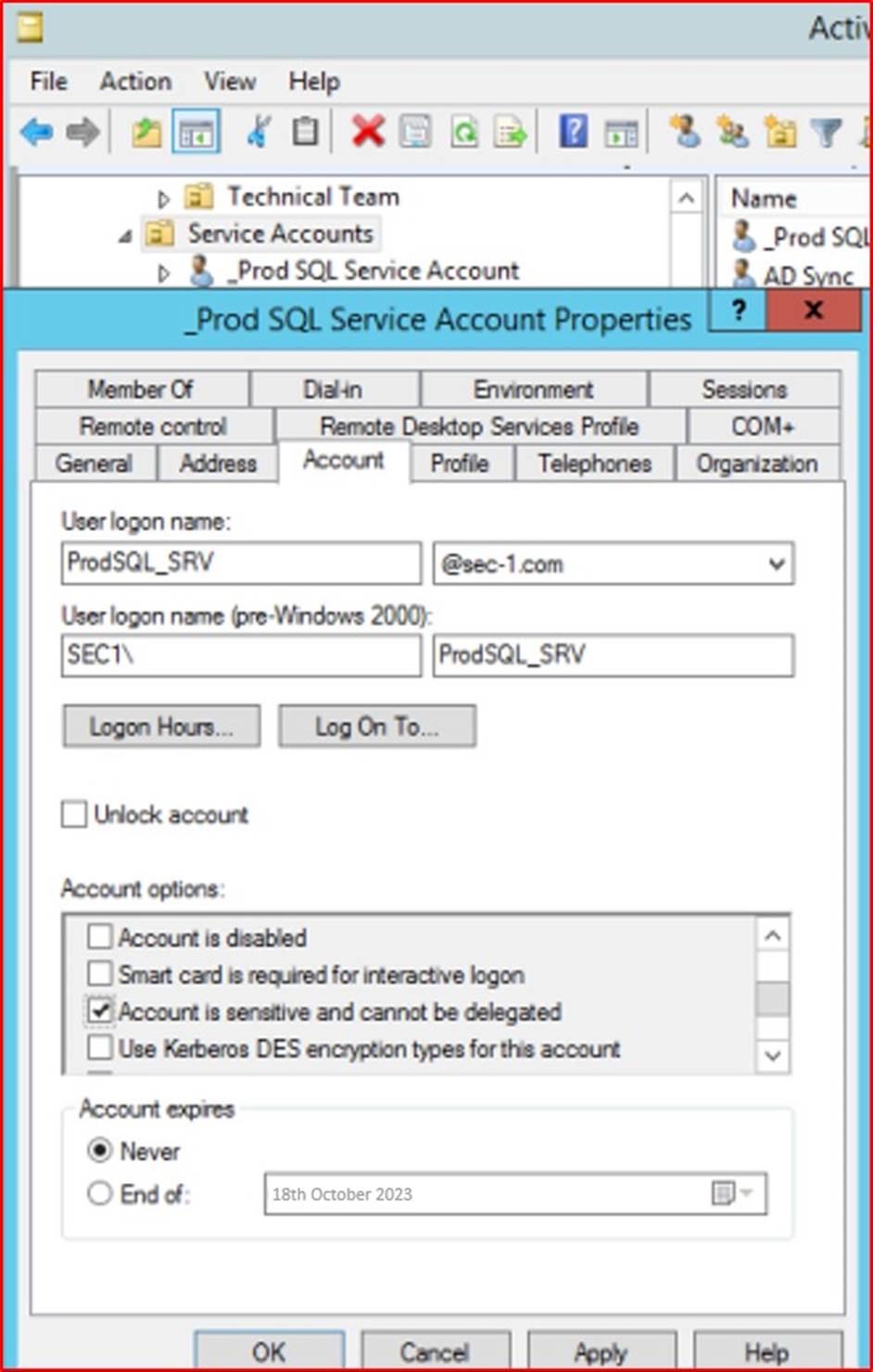 PROD SQL Service account properties panel.