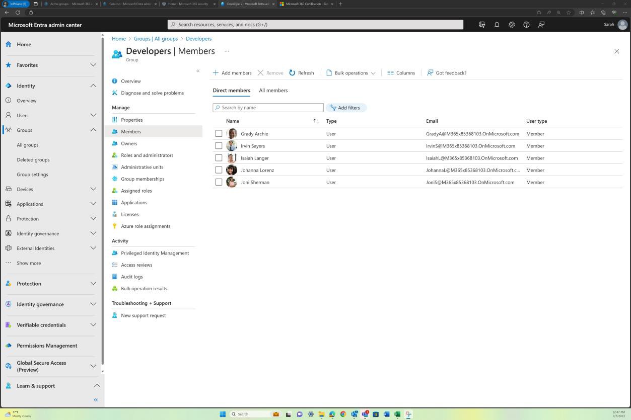 Microsoft Entra admin center developers group members with 5 users listed.