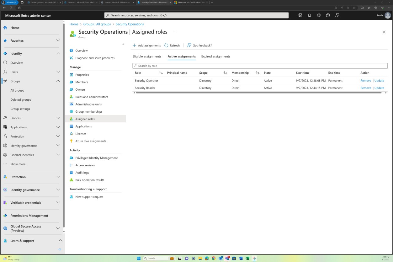 Microsoft Entra admin center security operations assigned roles.