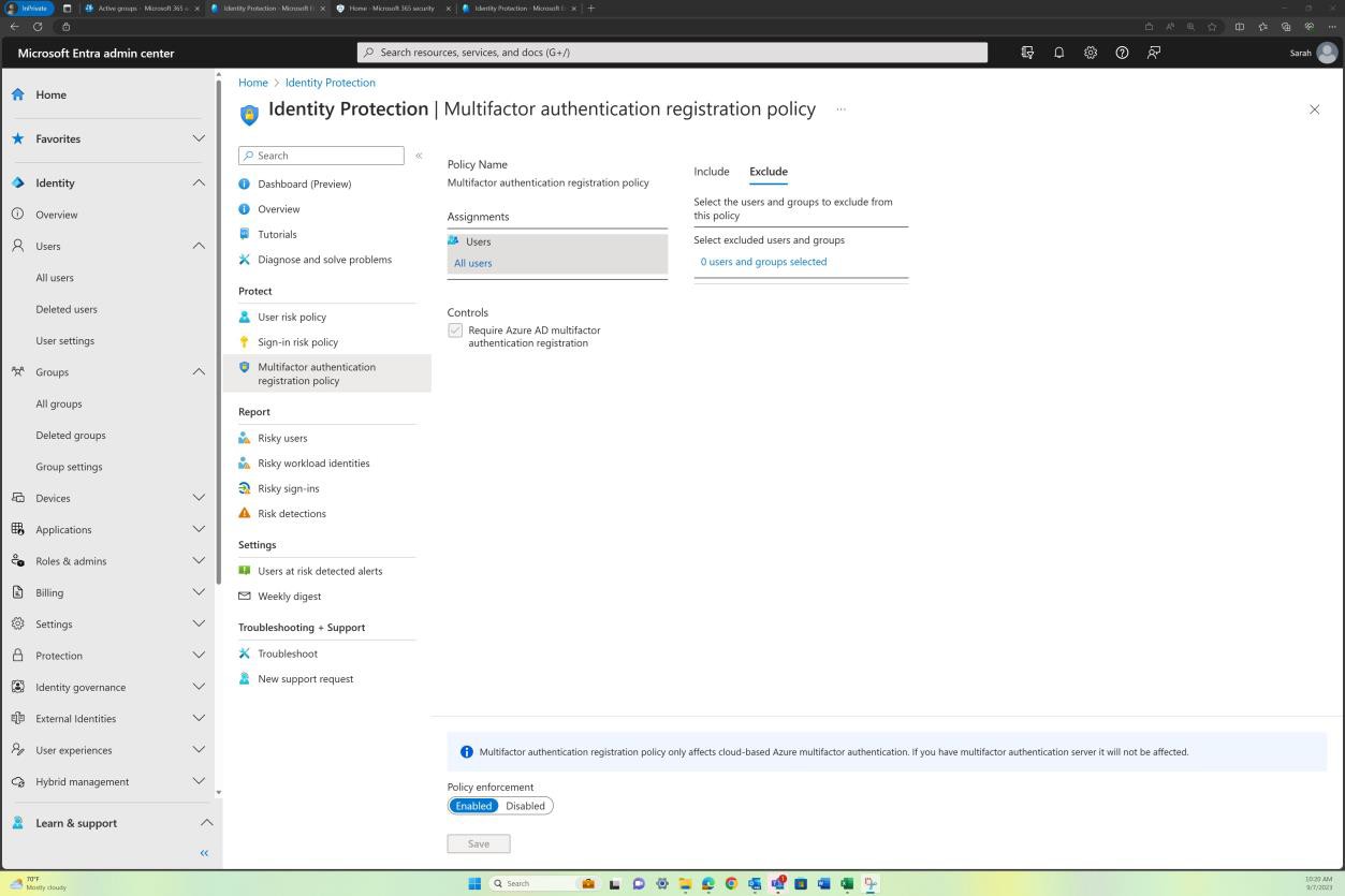 Microsoft Entra admin center identity protection MFA policy name.