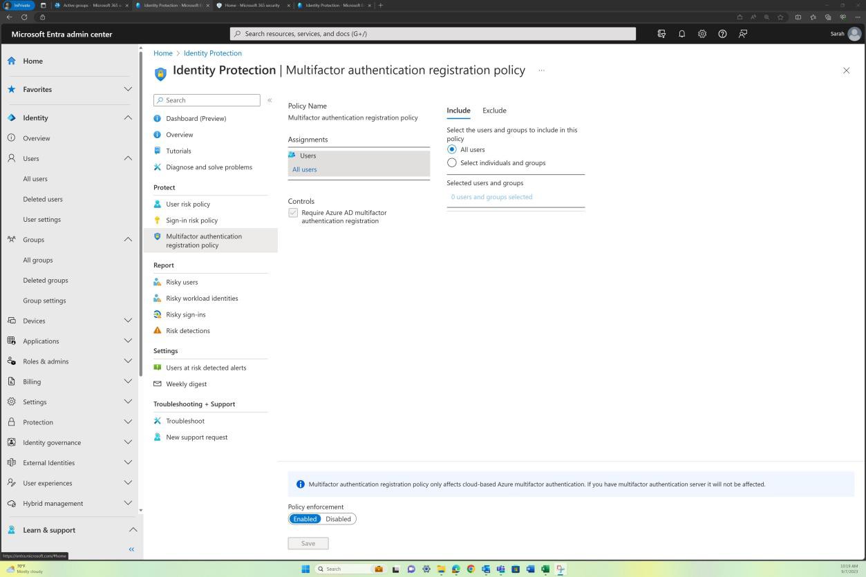Microsoft Entra admin center identity protection MFA registration policy.