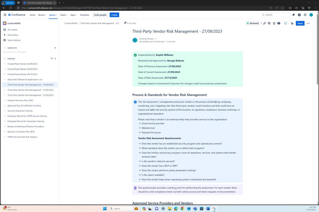 Confluence Third-Party vendor risk management overview page with process and standards for vendor risk management.