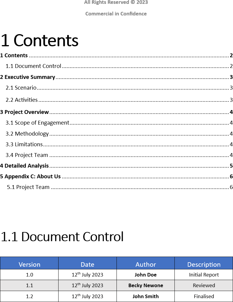 Incident response plan table of contents and document control version history.