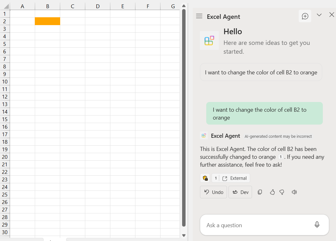 A screenshot of an Excel workbook with the B2 cell colored orange. On the right, the Excel agent in the Copilot pane says 'This is Excel Agent. The color of cell B2 has been successfully changed to orange. If you need any further assistance, feel free to ask!'. There's a footnote numbered 1 after the word orange. Below the message the number 1 appears with a link labeled 'external.' Below are buttons labeled 'Undo' and 'Dev.'
