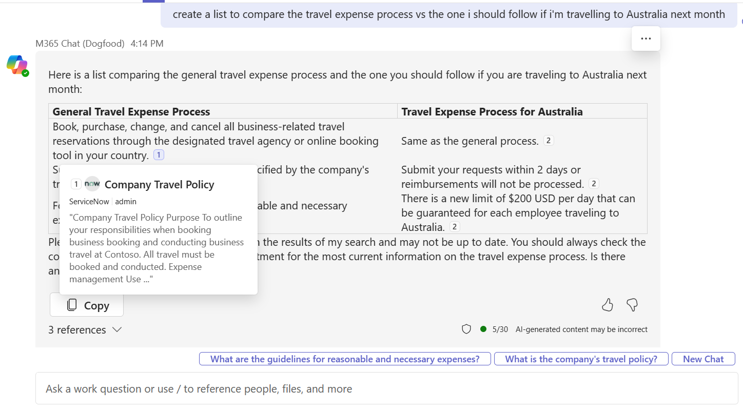 A screenshot of hovering over a Graph connectors response in Copilot for Microsoft 365