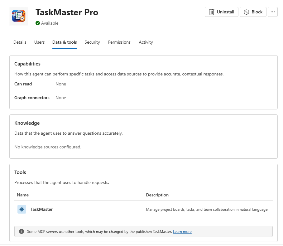A screenshot of the Data and tools tab of the agent details view in the Microsoft 365 admin center, showing the information banner that the agent's MCP server may use other tools changed by the publisher.