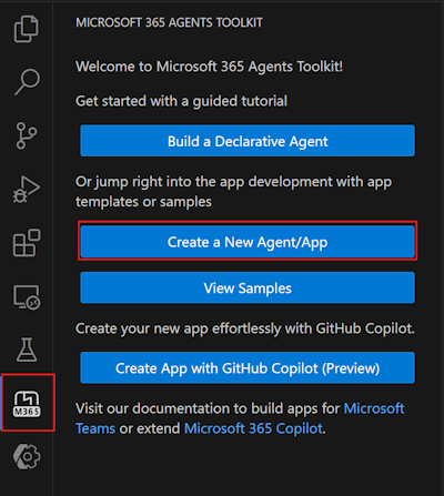 A screenshot of the Create a New Agent/App button in the Agents Toolkit sidebar