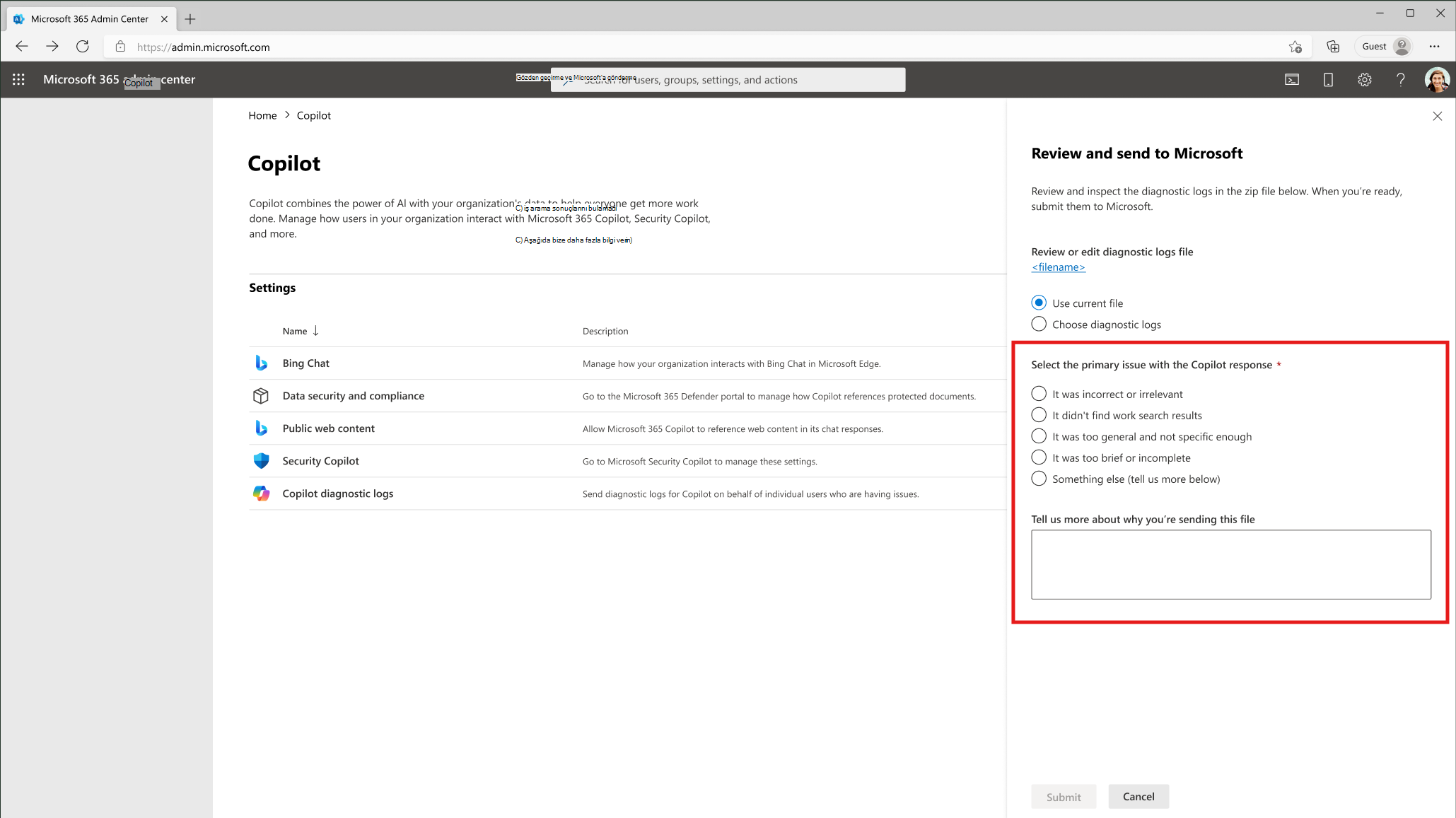 Önceden tanımlanmış sorunlar listesinden seçim seçeneklerini gösteren ekran görüntüsü.