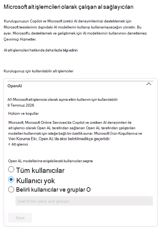 Microsoft 365 yönetim merkezi'de OpenAI modellerinin kullanımını yapılandırmak için kullanıcı arabiriminin ekran görüntüsü