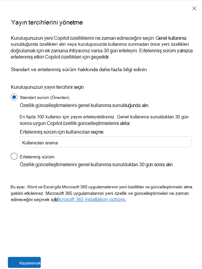 Microsoft 365 yönetim merkezi'daki standart sürümün ekran görüntüsü.