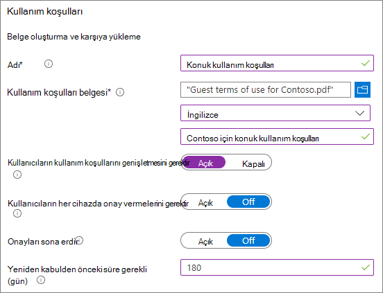 Microsoft Entra yeni kullanım koşulları ayarlarının ekran görüntüsü.