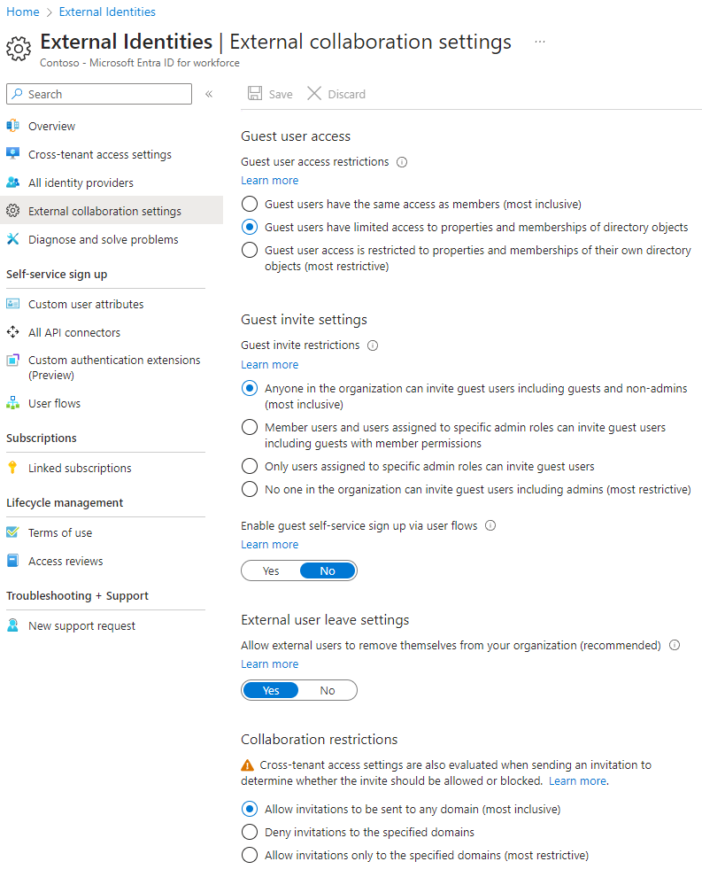 Microsoft Entra Dış işbirliği Ayarları sayfasının ekran görüntüsü.