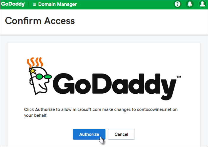 GoDaddy Erişimi Onayla sayfasında Yetki ver'i seçin.